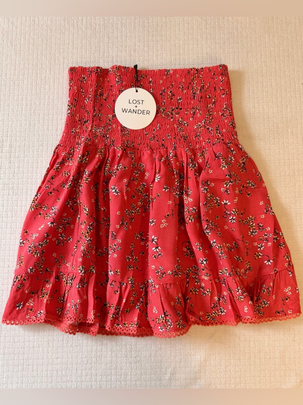 Lost + Wander Red Floral Smocked Mini Skirt NWT XS Boho Coastal Cowgirl
